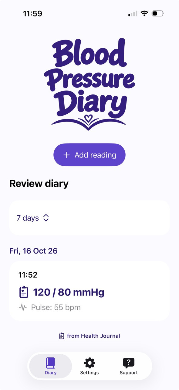 Blood Pressure Diary showing a reading and pulse in the diary