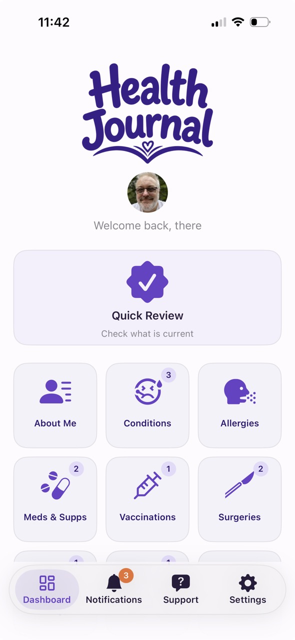 Health Journal companion app with your health information organised and ready to review