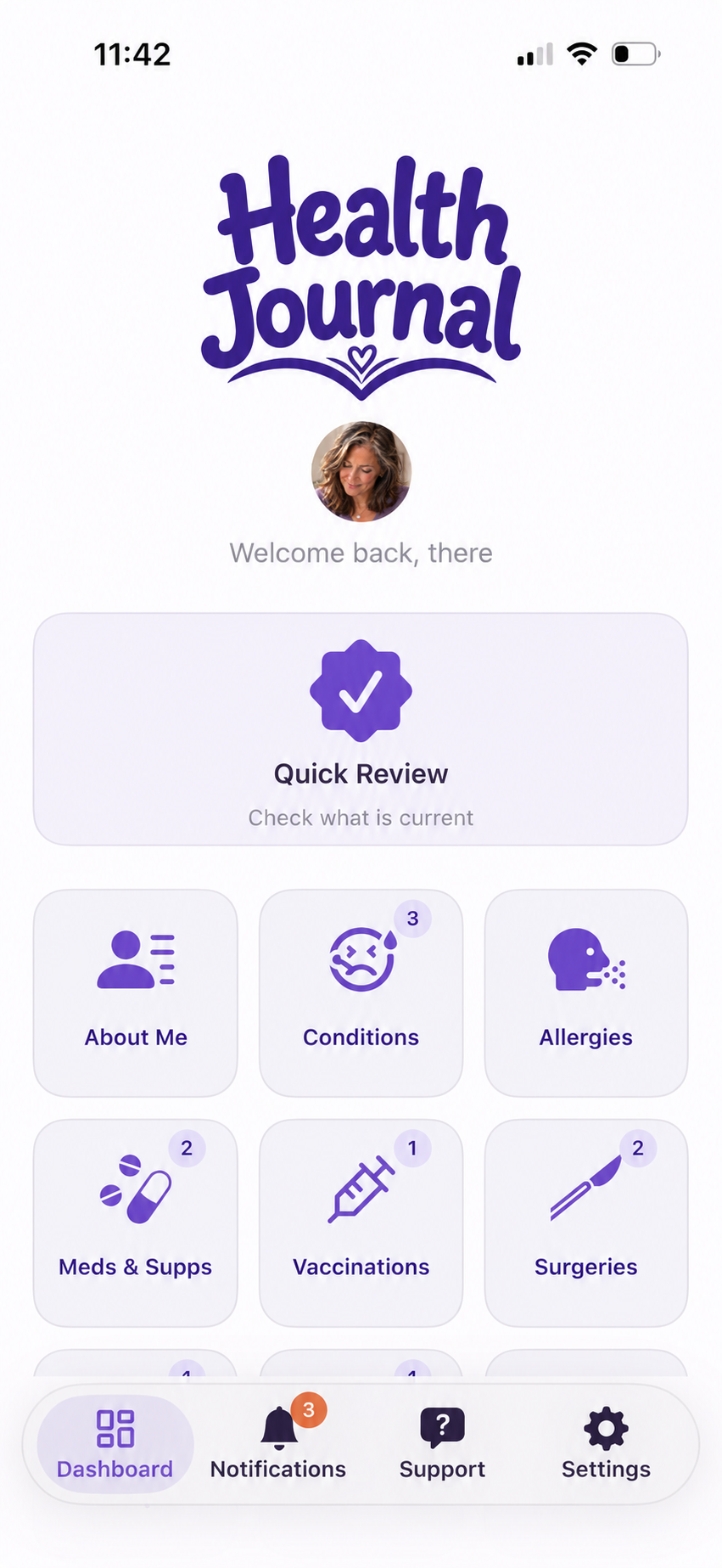 Health Journal companion app showing Quick Review, conditions, allergies and medications
