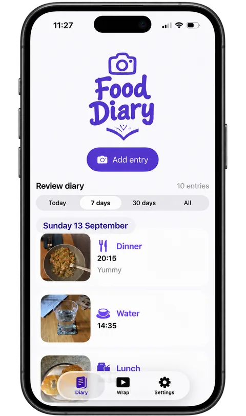 Food Diary app showing meal and drink entries