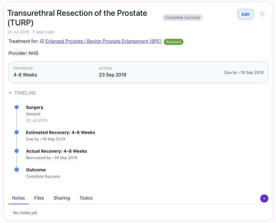 Health Journal surgery record showing procedure details, recovery timeline, notes, files, sharing and todos
