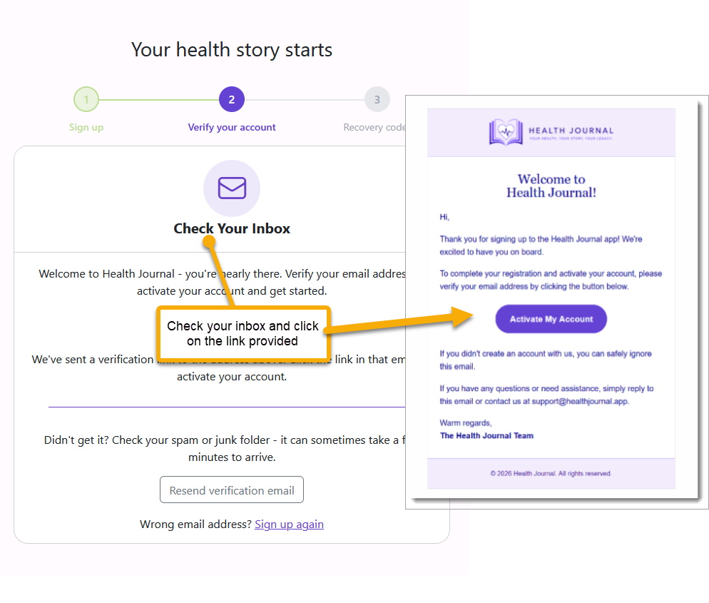 Check inbox screen with verification email callout