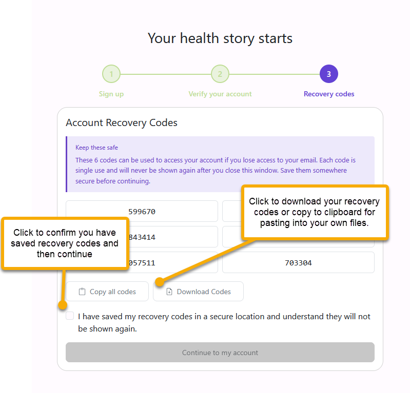 Recovery codes saved confirmation with callout