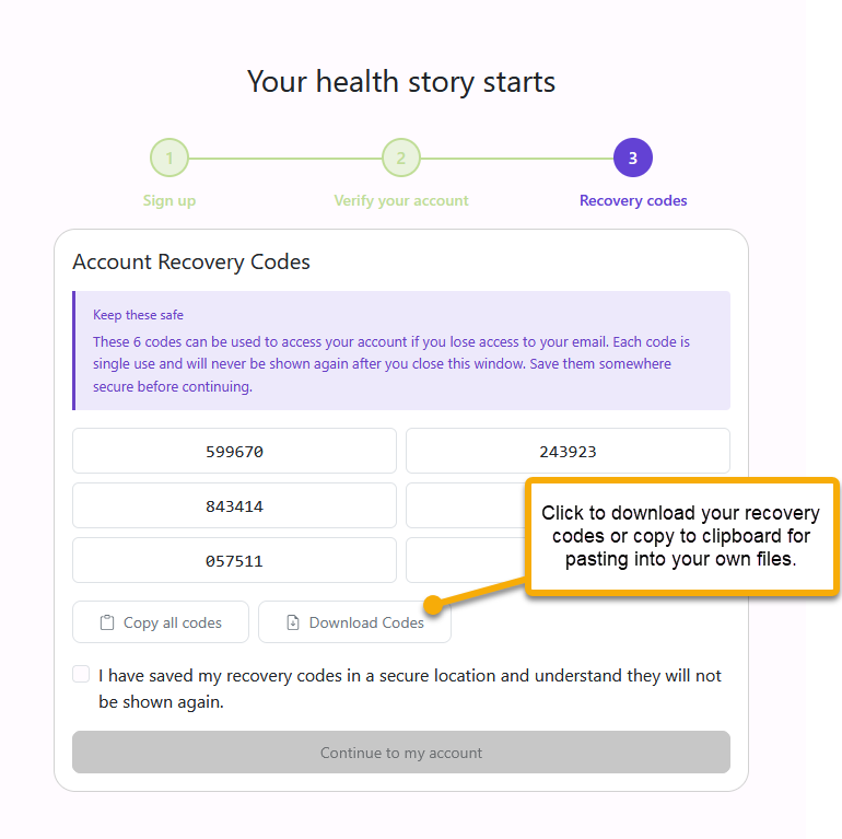 Recovery code copy and download options with callout