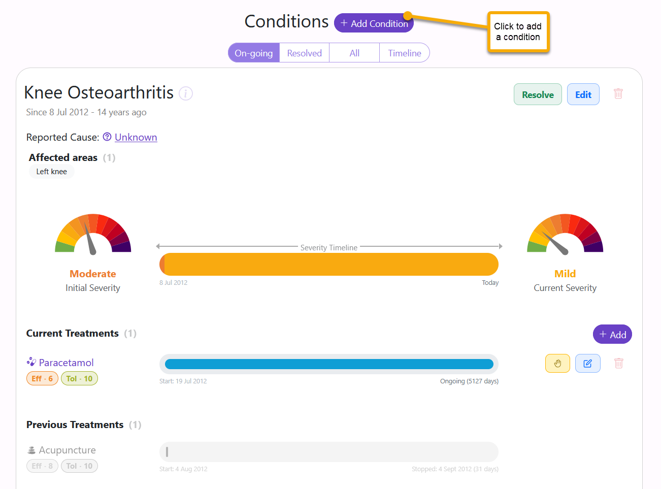 Condition summary screen from Health Journal