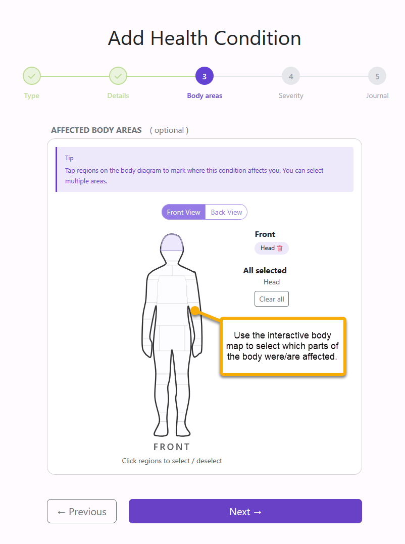 Affected body areas step with PowerPoint callout