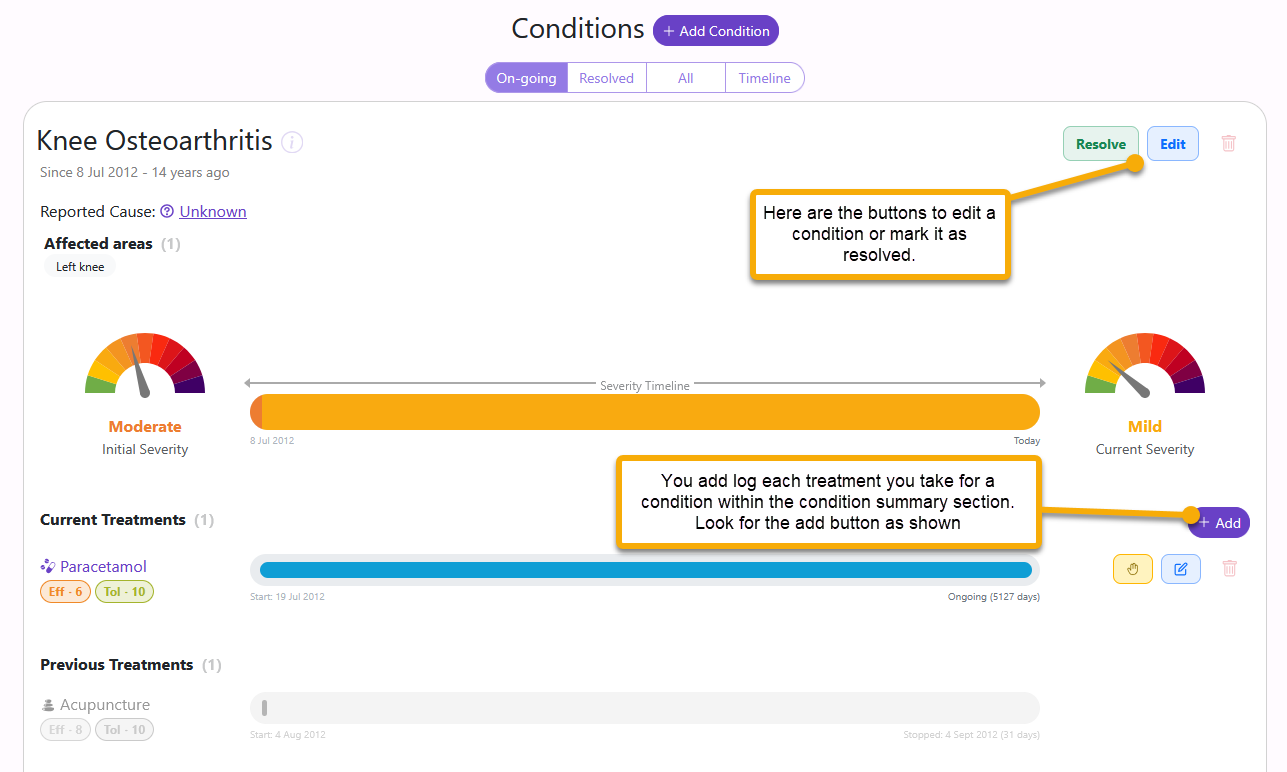 Condition card treatment buttons with PowerPoint callouts