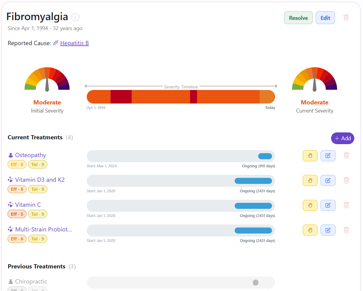 Health Journal condition detail showing fibromyalgia severity and treatments