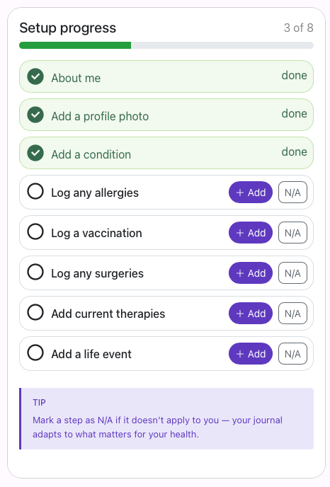Health Journal setup progress checklist on a phone screen